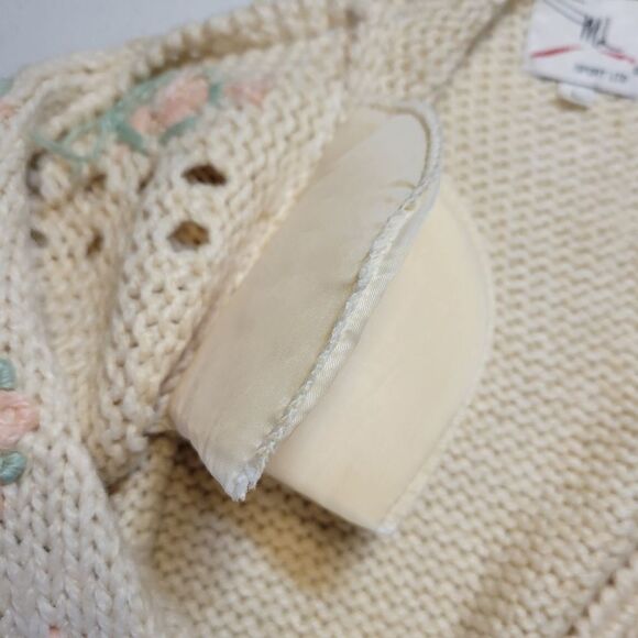 Vintage Hand Knit Cream with Pastel Floral Women's Cardigan Sweater Pointelle - Picture 10 of 13